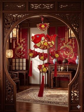 Jianpan Chinese New Year Red | Gold Koi Lucky Fish Fu Hanging Decor Ornament